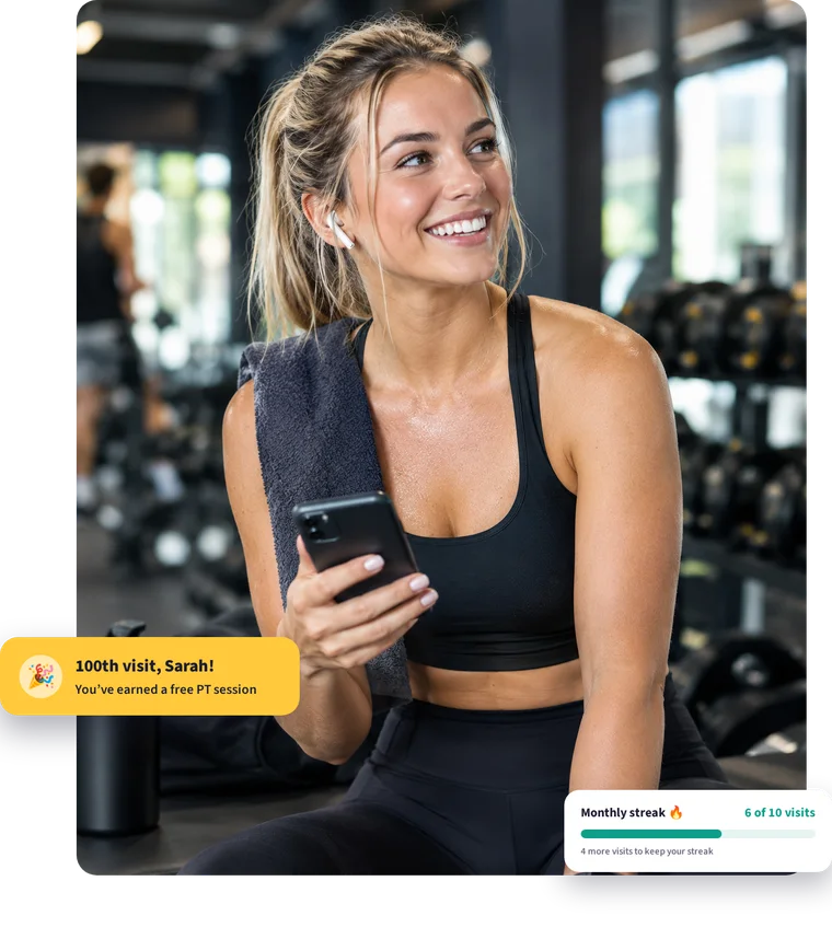 Smiling gym member holding her phone, with a 100th-visit reward and her monthly streak on screen