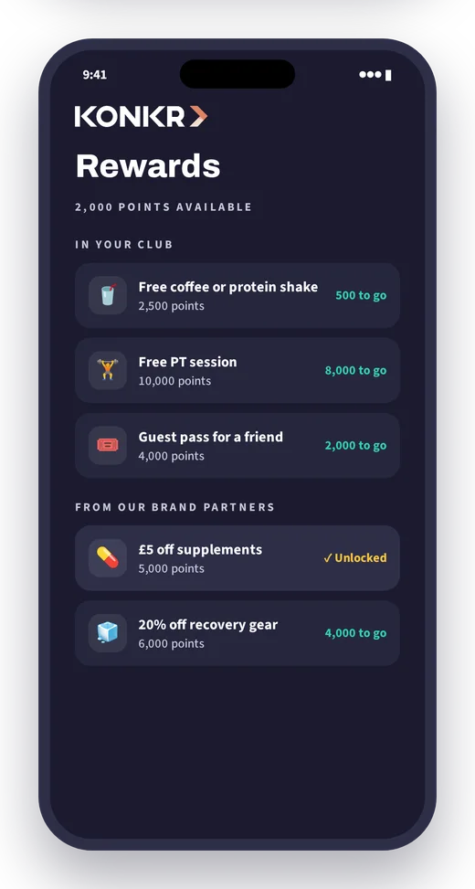 Konkr app rewards screen showing in-club rewards and brand offers members unlock with points